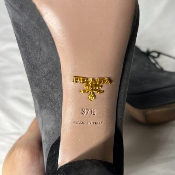 Prada Women's Gray Suede Lace-Up Booties Size 37.5 Italy High Heel Platform - Picture 7 of 10